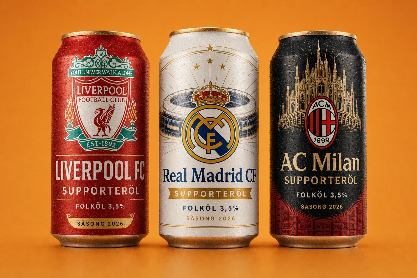 Tre exempel på supporteröl: Liverpool FC, Real Madrid CF och AC Milan