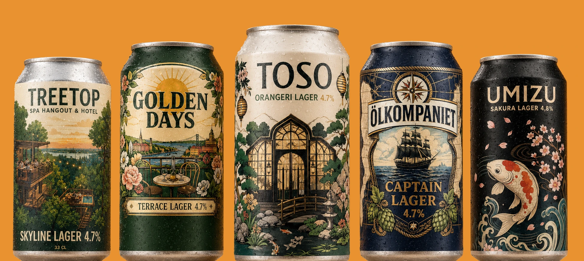 Fem exempel på egen ölburk från yourbeer: Treetop, Golden Days, TOSO, Ölkompaniet och Umizu