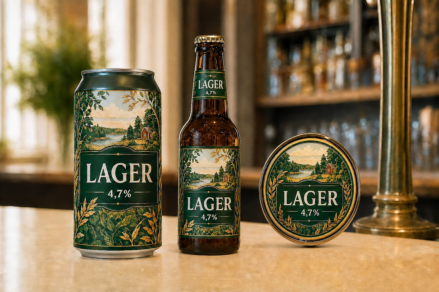 Lager 4,7% som 33 cl sleek burk, 33 cl glasflaska och tappöga