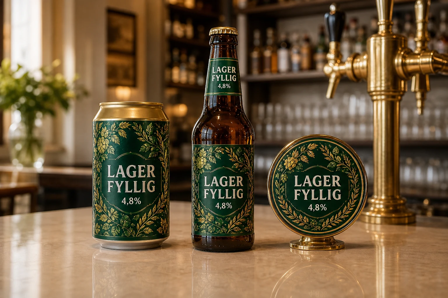 Lager Fyllig 4,8% som 33 cl burk, 33 cl glasflaska och tappöga