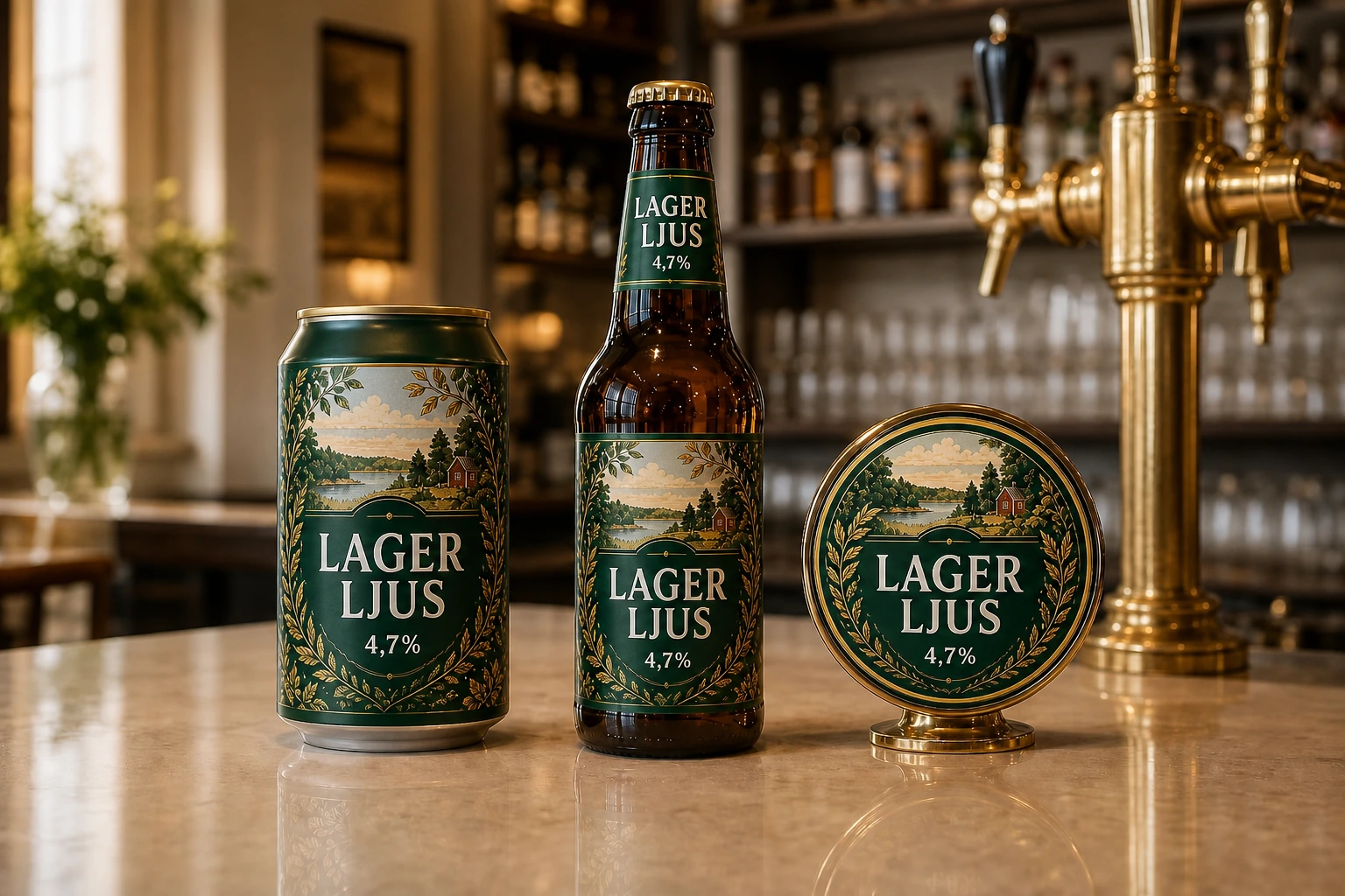 Lager Ljus 4,7% som 33 cl sleek burk, 33 cl glasflaska och tappöga