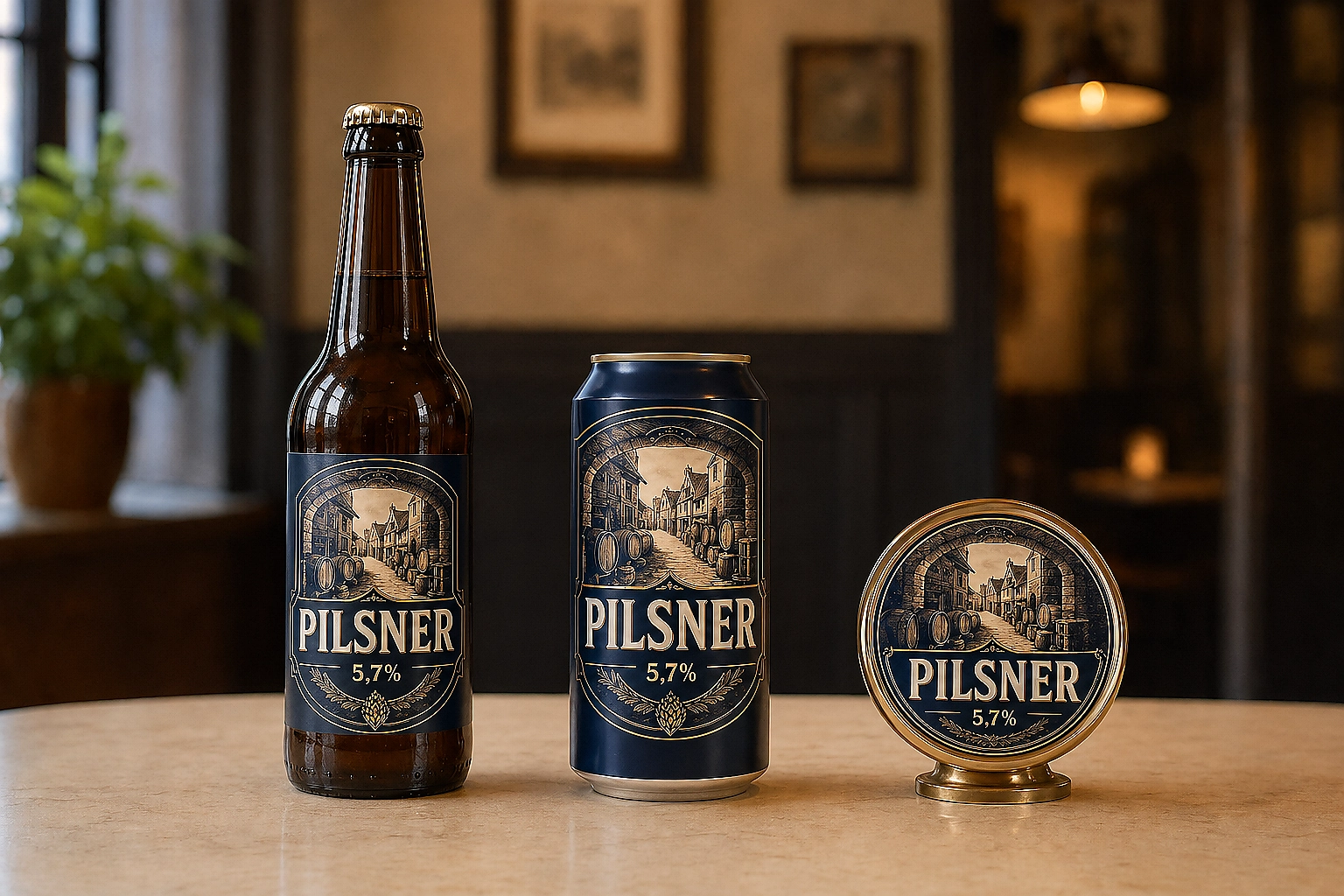 Pilsner 5,7% som 50 cl flaska, 33 cl sleek burk och tappöga
